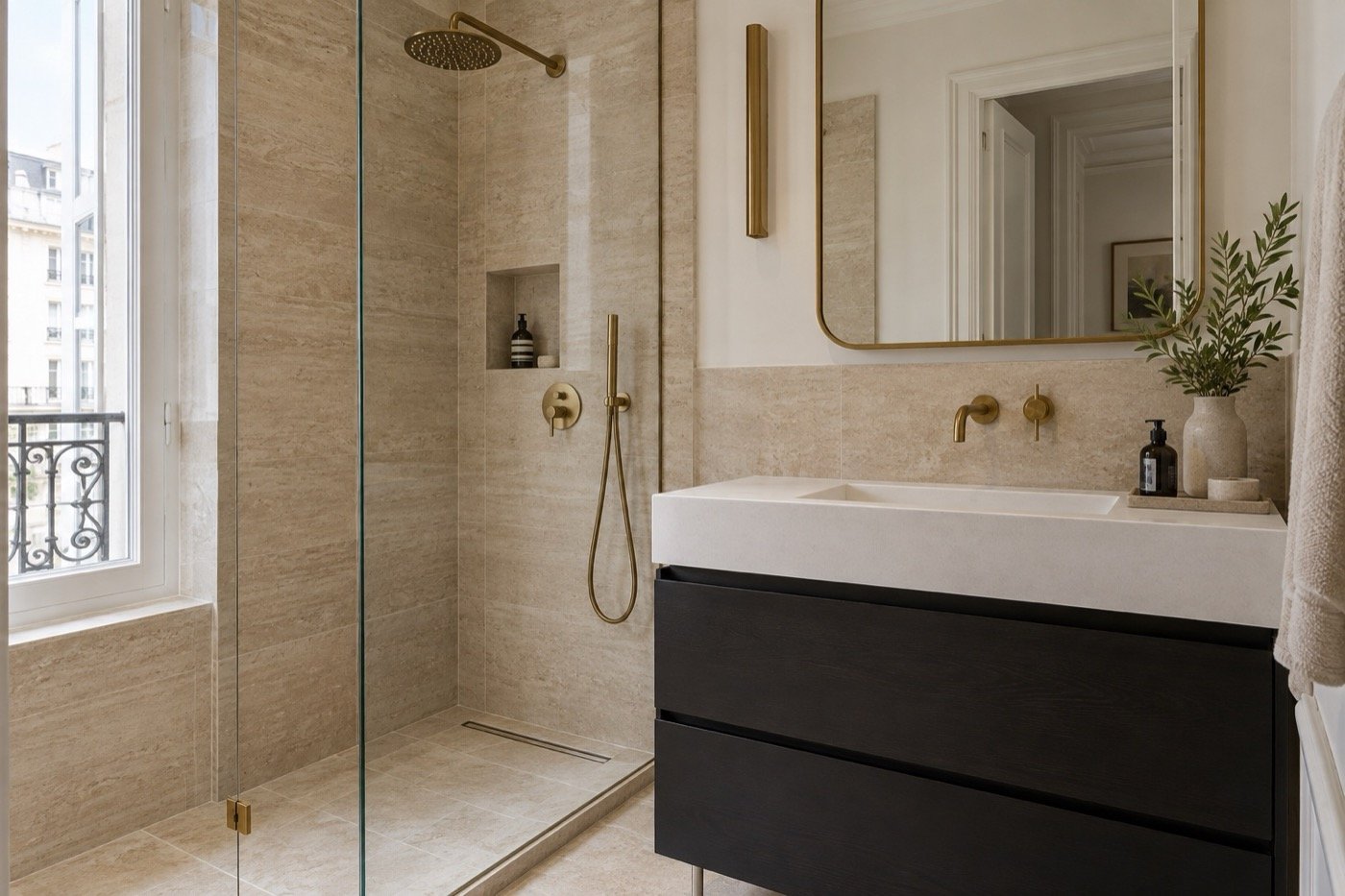 Salle de bains rénovée avec douche vitrée et vasque